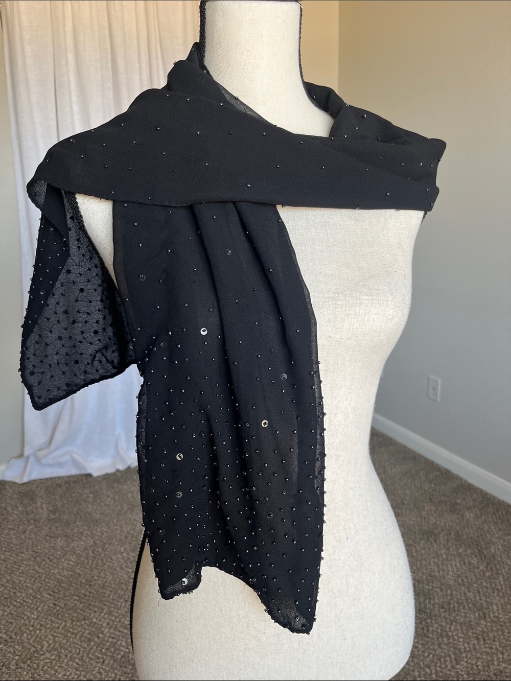Vintage Y2K Black Beaded Sequin Scarf Semi Sheer Whimsigoth Evening Shawl